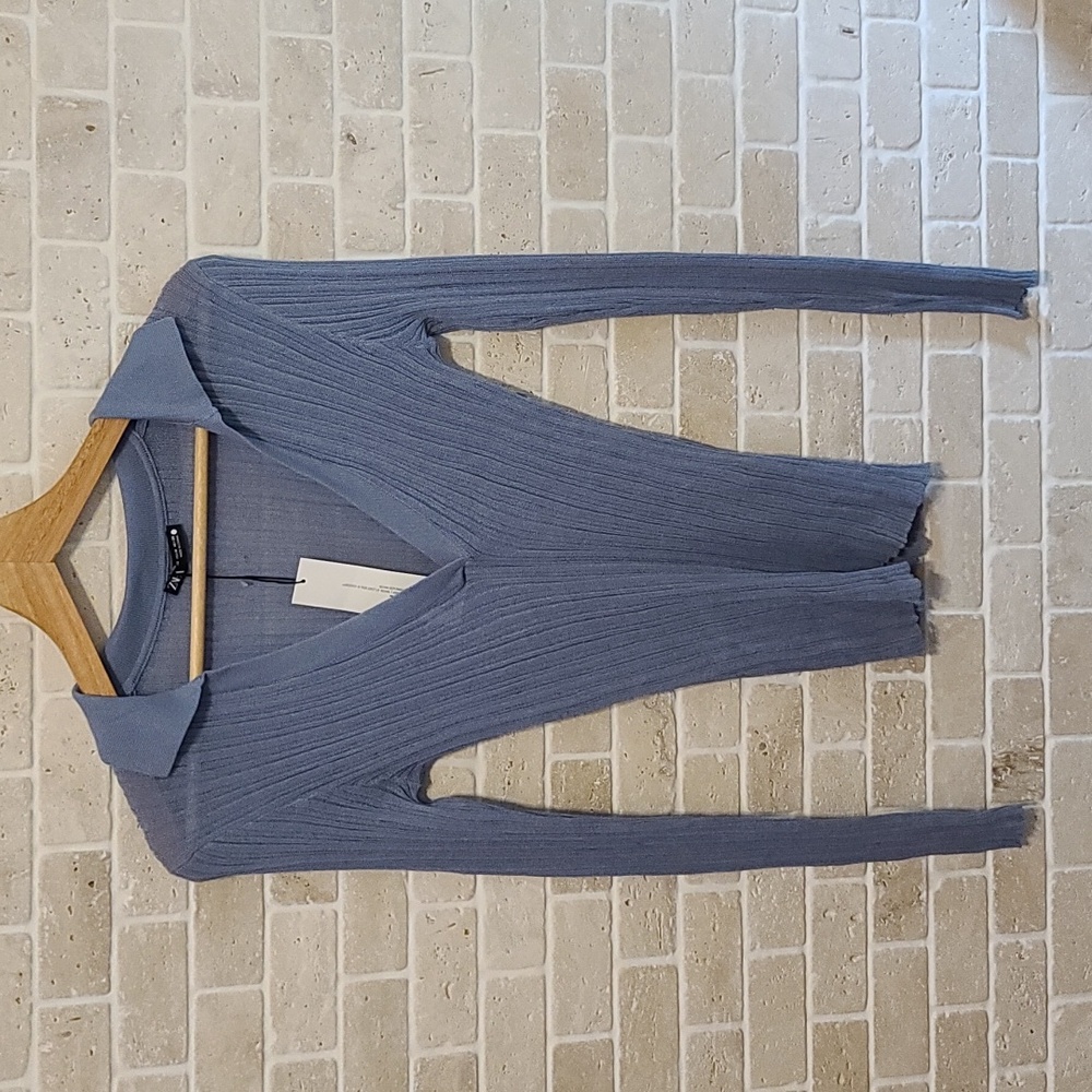NWT Zara Blue Sheer Ribbed Jersey Long Sleeve Fitted Top (Sz M)